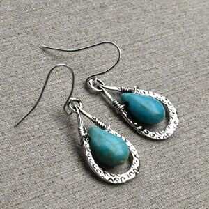 Turquoise Teardrop and hammered silver drop Earrings for a gift southwestern new